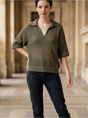 Max Studio Olive Open-Knit Polo Sweater